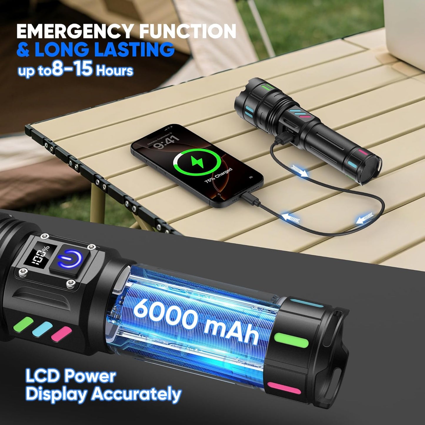 🔦⚡ SKYFIRE™  LINTERNA TELESCOPICA + PANTALLA DE CARGA 🔋| BATERÍA DE LITIO